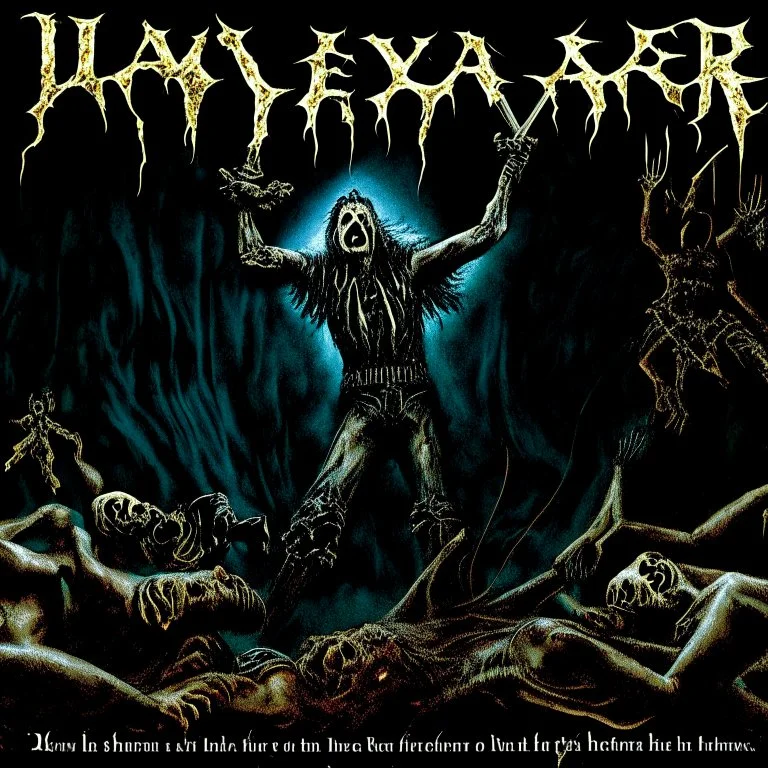 Title "SLAYER" heavy metal cover art, depiction of lyrics (Dance with the dead in my dreams Listen to their hallowed screams), by Larry Carroll and Arturo Souto, unsettling, surreal, sinister, profound, dramatic, macabre