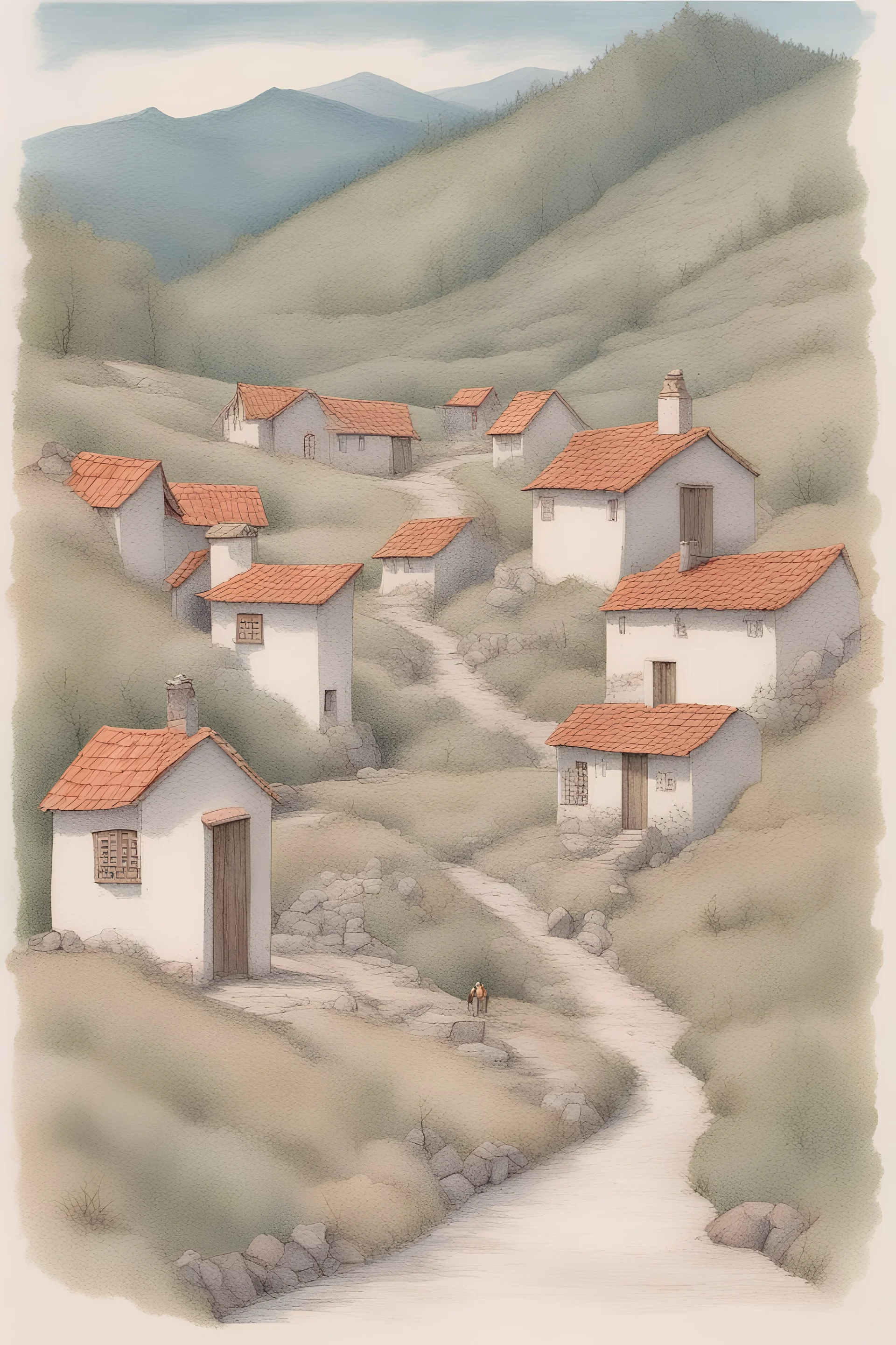 a drawing of a small village in the Perineum mountains