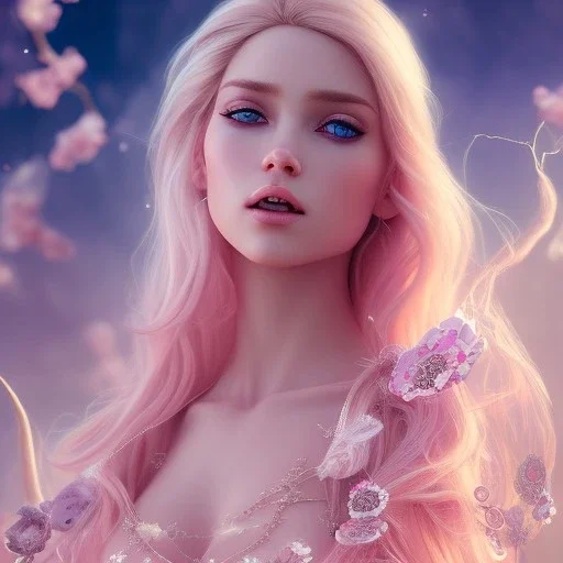 fairy, pink, blonde hair, beautiful, whole face, whole top hair head, hyperrealism, masterpiece, expert, cinematic lighting, sharp focus, 8K, pastel, macro lens, woman, detailed, flower