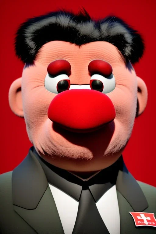 Waist up muppet Portrait, Kim Jong-un muppet doll, black suit, photo studio, red background, unreal engine 5, concept art, art station, god lights, ray tracing, RTX, lumen lighting, ultra detail, volumetric lighting, 3d.