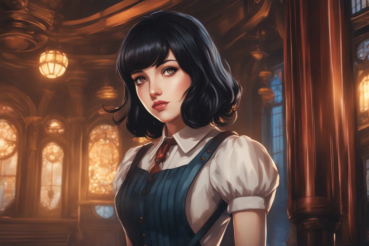 elizabeth with short black hair in 8k 2D anime realistic drawing style, bioshock word, close picture, rain, highly detailed, high details, detailed portrait, masterpiece,ultra detailed, ultra quality