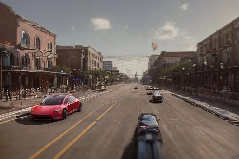 A Tesla 'Model Y' is racing at top speed, on the streets of New Orleans. (CINEMATIC, WIDE ANGLE LENS, PHOTO REAL)