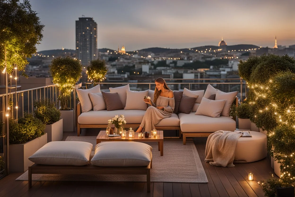 middle shot from a Roof terrace with sofas, poof and a small table and potted plants. The area is lit by string lights, cozy atmosphere. A beauty lady is sitting on the sofa in a nice shiny dress and enjoying the evening atmosphere. the illuminated terrace and the view of the big city in the background makes this environment relaxing and spectacular. high detalied, cinematic