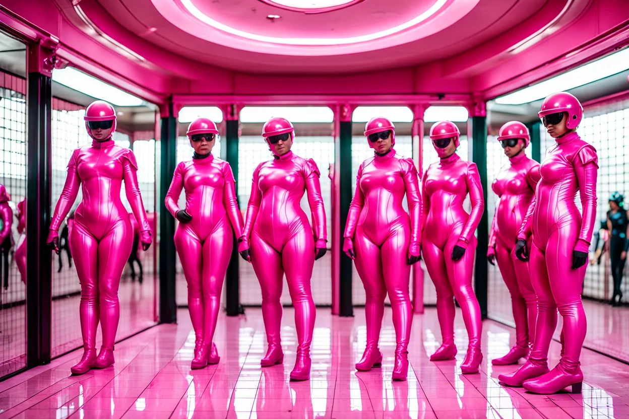 Hyperrealistisch stämmige, üppige Frauen völlig verhüllt von identischen pinkfarben glänzenden Ganzkörper-Zentai mit geschlossenem Visier in pinkfarbenem, geschlossenem Helm stehen Schlange vor Drehkreuz auf gekacheltem Flur