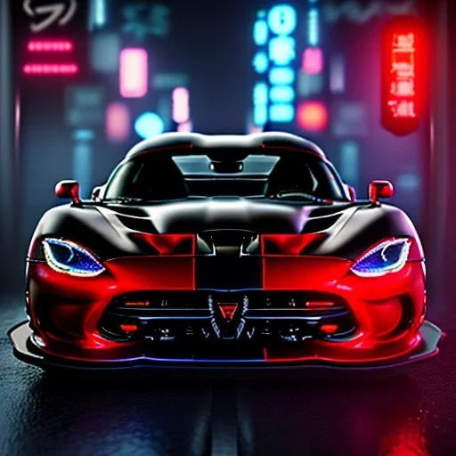 realistic black dodge viper; in an alternate universe in tokyo; cyberpunk; rain; neon signs