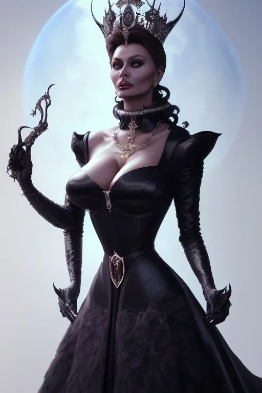 Sophia Loren as evil queen in black leather, cleavage, dominatrix, angry, stern look. character design by cory loftis, fenghua zhong, ryohei hase, ismail inceoglu and ruan jia. unreal engine 5, artistic lighting, highly detailed, photorealistic, fantasy