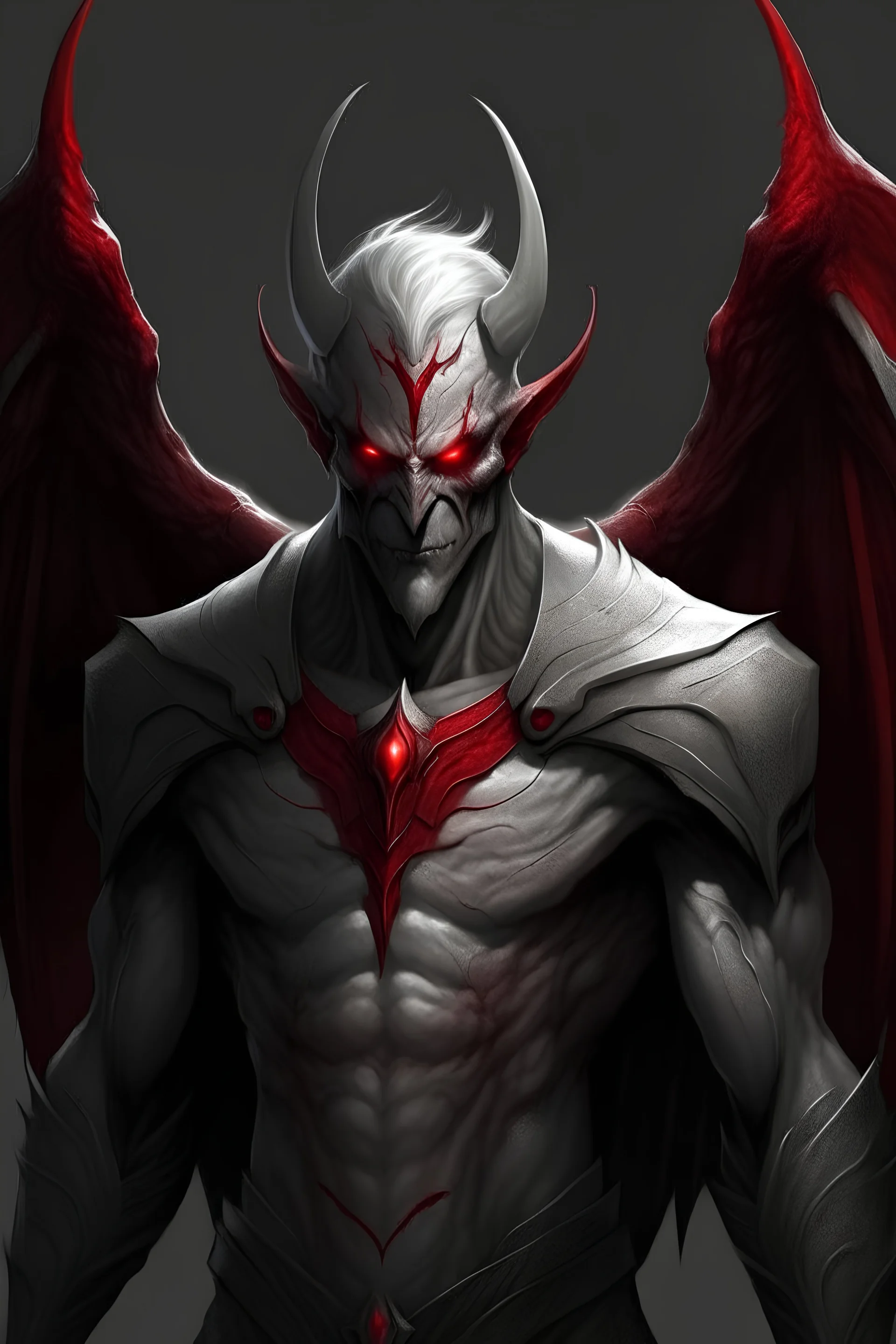 Demon, male, five eyes, wings, grey skin, red eyes, red clothing
