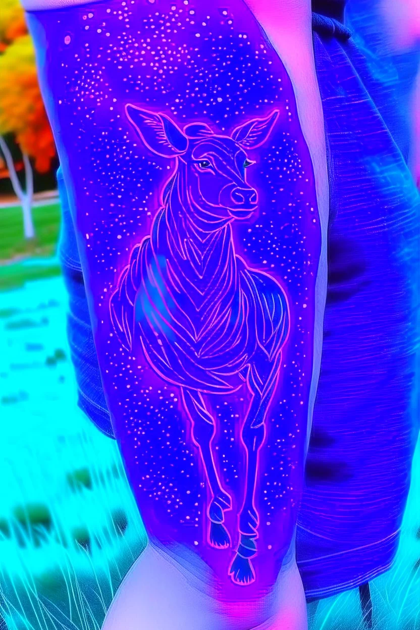 🐊+🦌=A beautiful mythical hybrid animal.Purple tattoo, blue... standing on a land of grass. The sky is decorated with stars