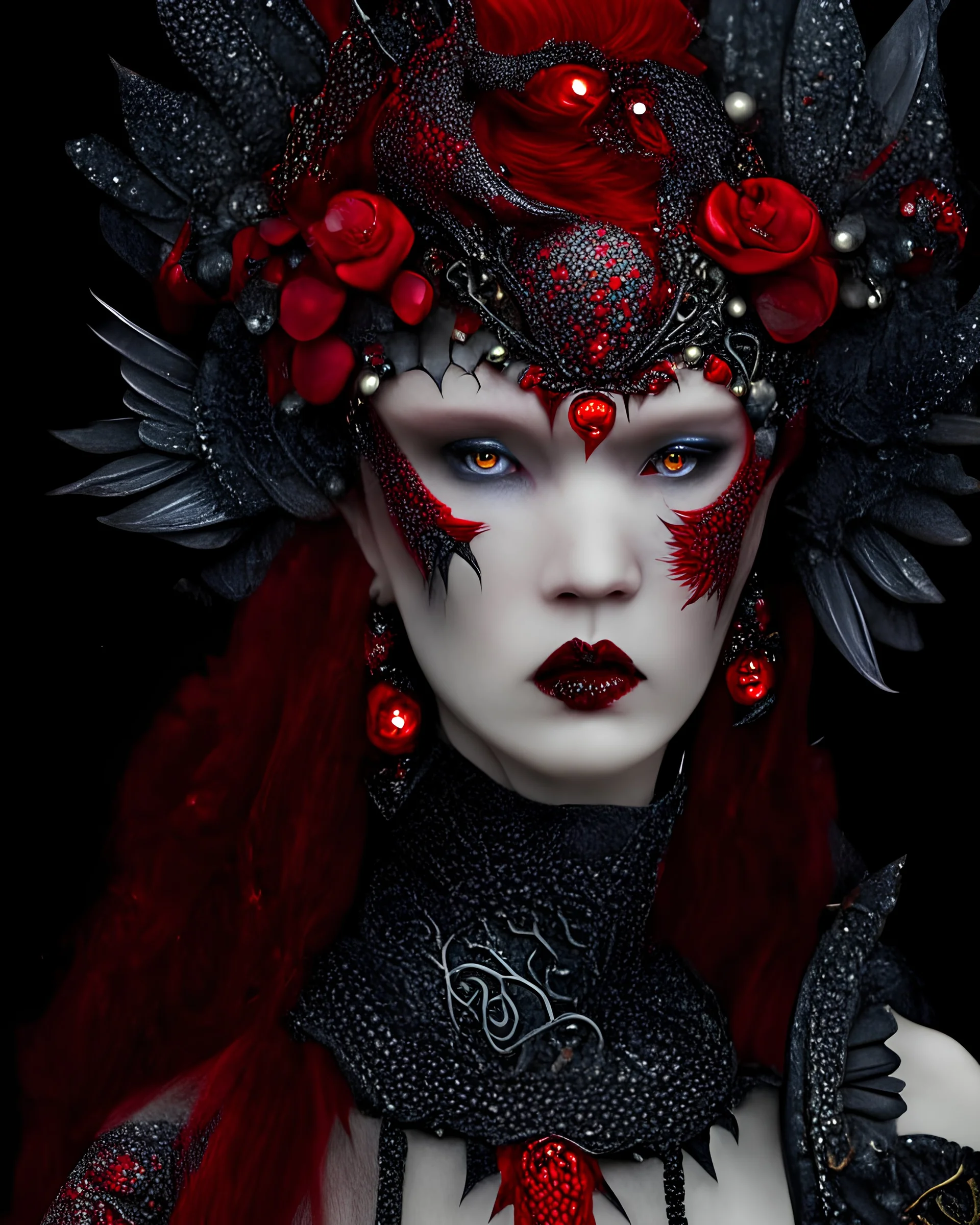 Beautifulyoung lady red haired with a red dragon portrait, extremely textured skin and scales ribbed with crystals and grey opal pearls and onix mineral stone embossed floral metallic filigree dark gothica black floral ornate scales wings, adorned with médiával headdress and jewellry scales and skin ae bioluminescense médiával siny black steel cajhain efet style black colour gradient organic bio spinal ribbed detail of médiával background extremely detailed hyperrealistic maximálist concept a