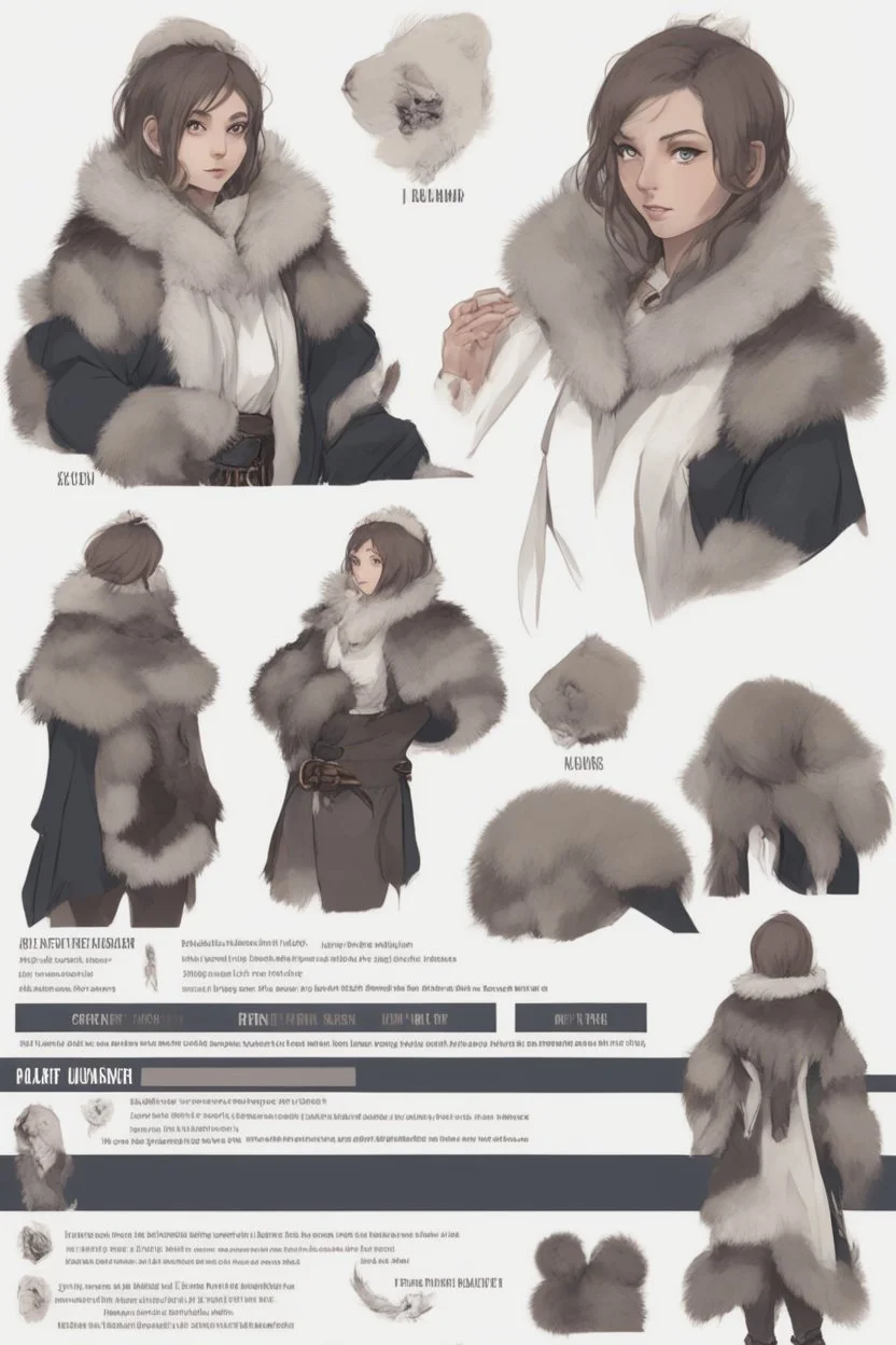 A dnd character sheet. A woman dressed for the cold north in black and white furs, with brown hair