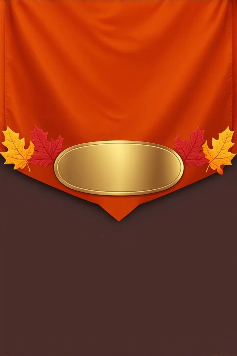 an autumn colored textured cloth banner hanging with embroidered ornamental leaves, blank oval brass engraving plate in middle, banner is downward pointed bottom, on dark background