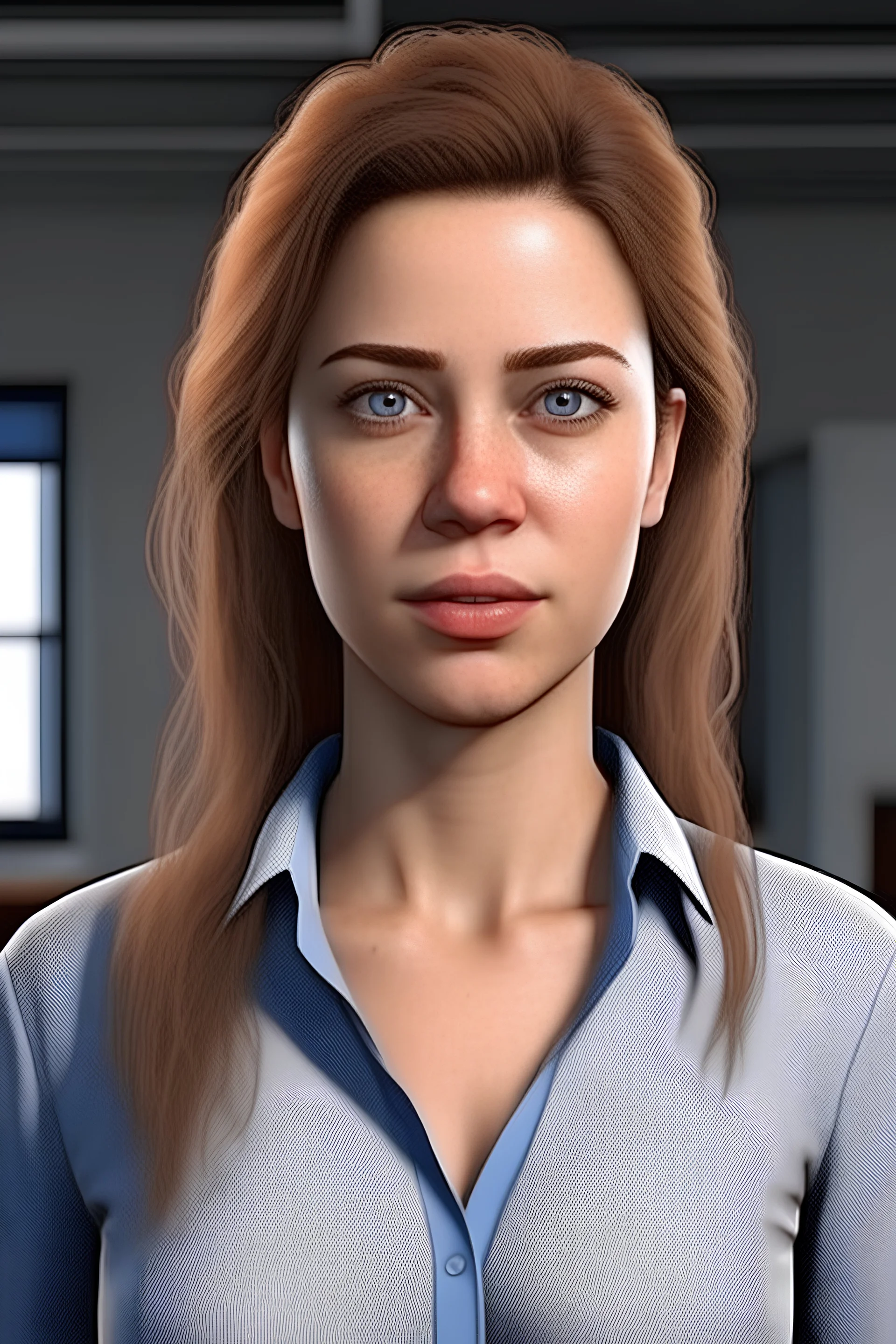 ultra realistic photo of a beautiful white woman face and bust looking at the camera in office outfit