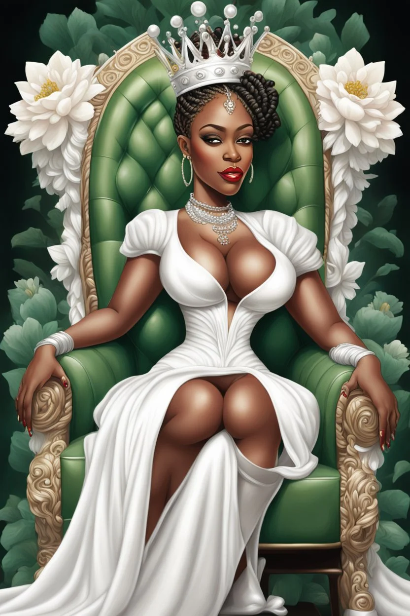 Create a digital airbrush cartoon of a curvy African American female sitting sideways on a queen throne. She is wearing a white shiny gown with white heels. Prominent make up with brown eyes. Highly detailed black and off-white braids in her hair. The braids are flowing all directions with a crown on her head. Background of green, black and red flowers surrounding her