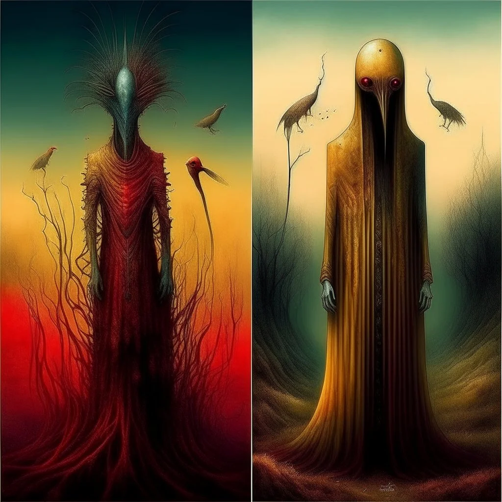 Style by Gabriel Pacheco, VS Gaitonde, Zdzislaw Beksinski, Vladimir Kush, Lovecraftian surreal art, a metaphorical representation of the ephemeral parasite confusing death rivalry, gestalt lunatic grass shine, warm colors, surreal masterpiece, juxtaposition of the uncanny banal, sharp focus, never-before-seen composition