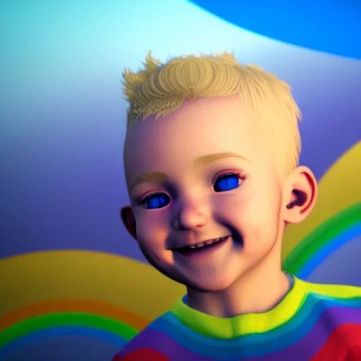 visage petit garçon blond aux yeux bleus souriant sur fond arc en ciel, unreal engine, 4k