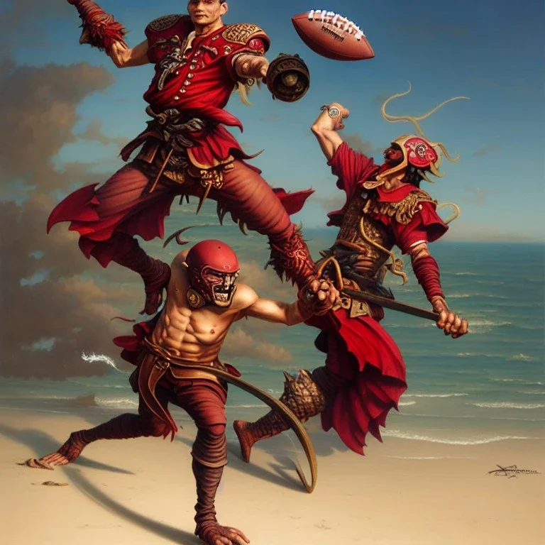 A mighty pirate warrior in dark red armor, throwing a football, beach background, style by peter mohrbacher, donato giancola, joseph christian leyendecker, wlop, boris vallejo