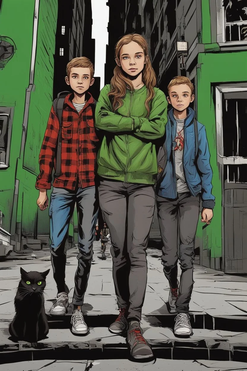 Design a detective book cover for teenagers. Three 15-year-old teenage detectives and a black cat in the centre, one boy on her left, the girl in the centre and one on her right are on the town street. Banksy style, modern comic book style, mysterious atmosphere, modern clothes, streetwear, street look, Polish style, highly detailed, green eyes, brown eyes, ginger hair, brown hair, blonde hair,