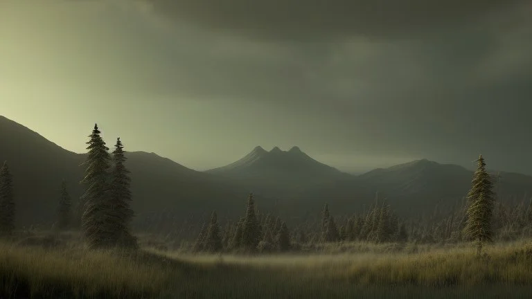 Cloudy dark sky, Distant epic mountains, trees