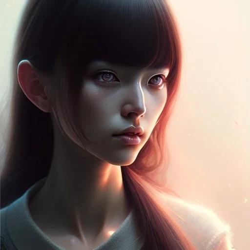 Japanese girl with big brown eyes and long black hair with bangs, cute, beautiful, high quality, insane detail, by Greg Rutkowski