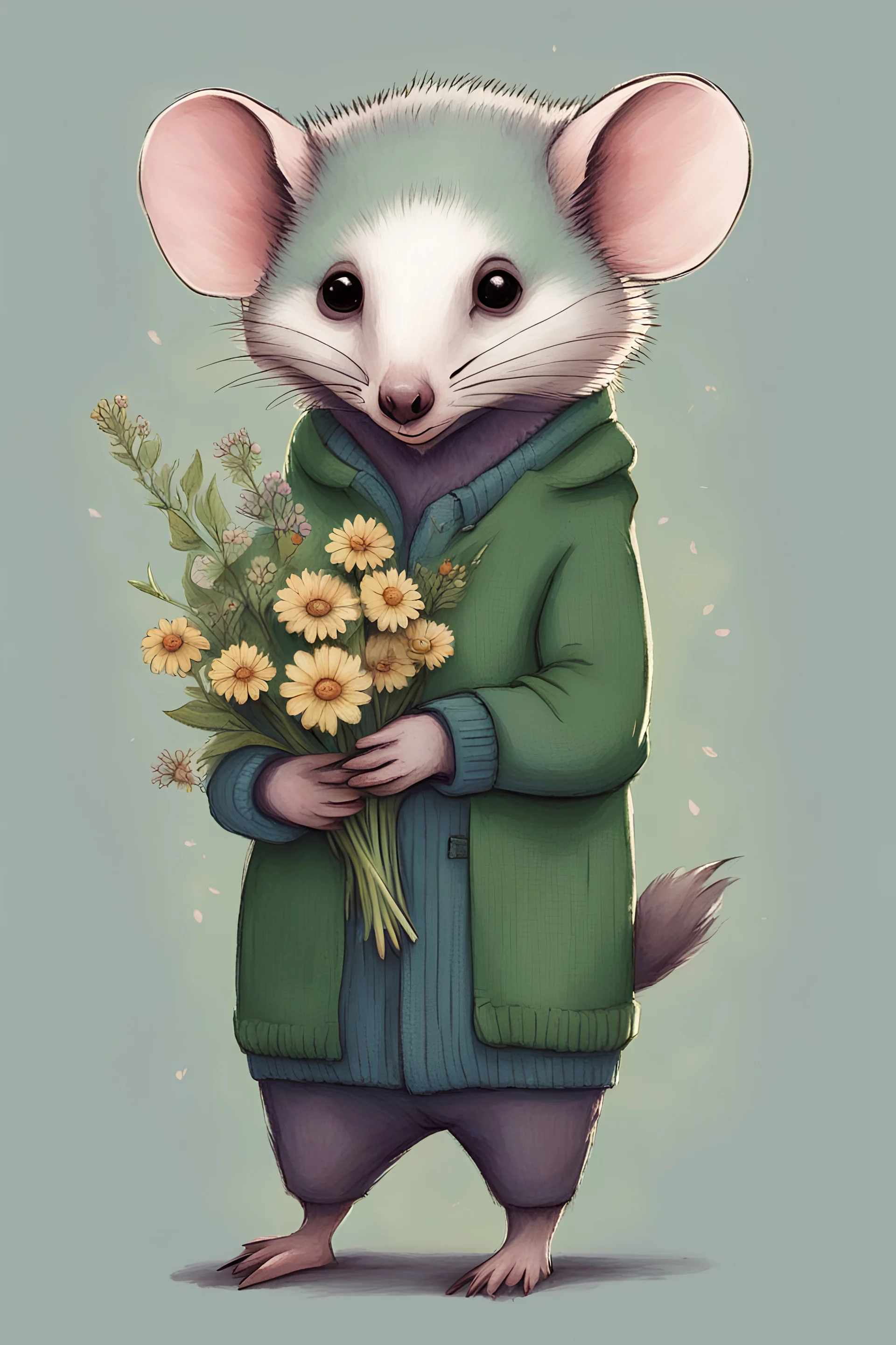 Green opossum wearing cardigan holding a bouquet of wildflowers cute art