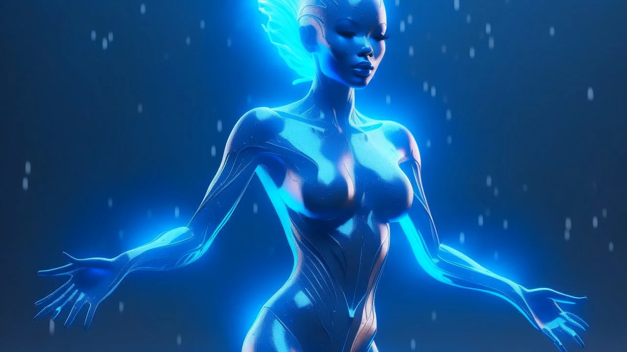 Dancer out in the Rain. Full body 3d image, an extraterrestrial species,bioluminescent skin. comets, galaxies, beautiful face beautiful eyes beautiful body, her hair is made out of supernova shockwave, she is a living breathing colossal-sized universe. She has a large chest