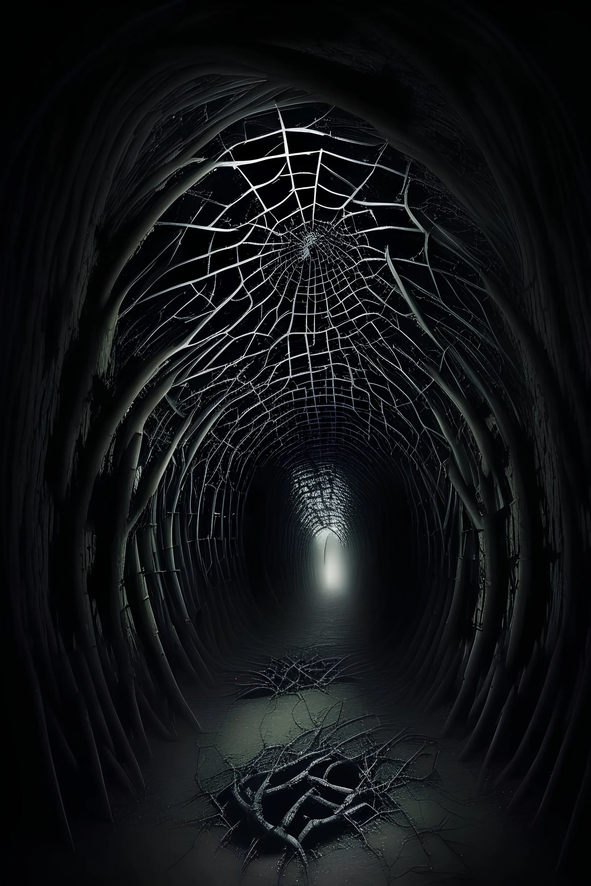 a black tunnel with cobwebs underground