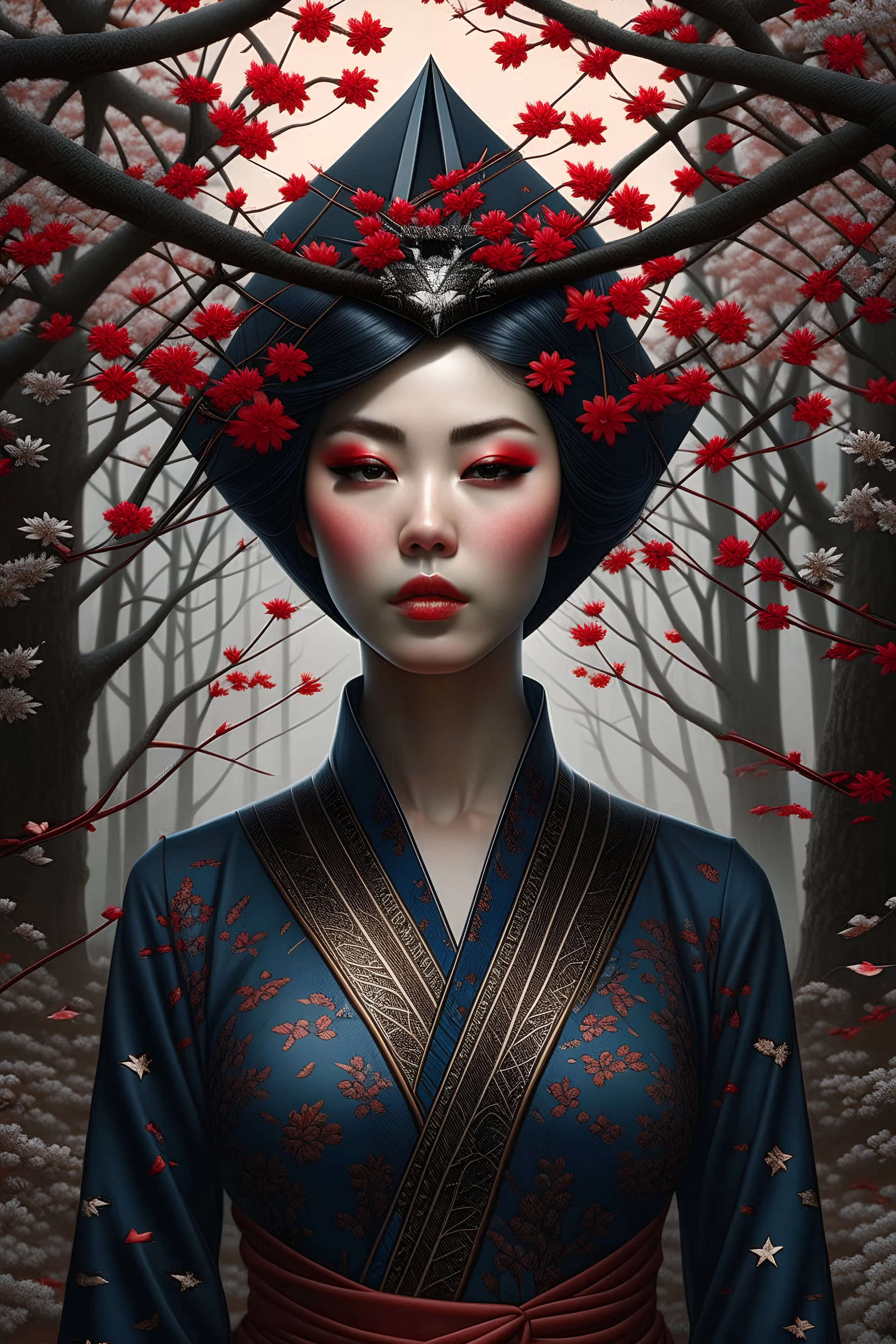 realistic art, highly detailed origami of a forest with small cherry blossom trees, red cheery blossom, highly detailed, high resolution, 24k, ornate, intricate, complex, digital painting, smooth, art by royo and tom bagshaw.