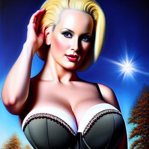 Ultra detailed fullbody Portrait in oil on canvas of beautiful mature realistic busty Android 18 ,wearing 18th Century Corset,extremely detailed digital painting, extremely detailed face,crystal clear eyes, mystical colors ,perfectly centered image, perfect composition, rim light, beautiful lighting,masterpiece,8k, stunning scene, raytracing, anatomically correct, in the style of robert e howard and Wizyakuza and Ohrai Noriyoshi and Simon Bisley and uncannyknack