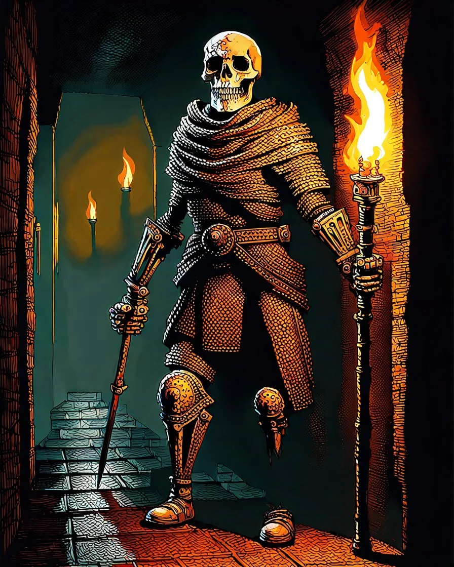 A frightening castle dungeon hallway with a skeleton warrior in rusty chainmail holding a burning torch painterly rpg art