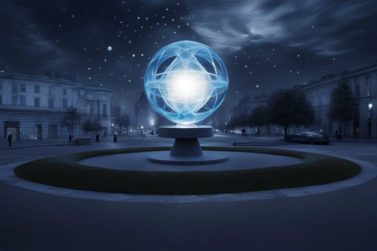 статуя на улице, Шар как атом/молекула: Сделать поверхность шара похожей на модель атома или молекулы, используя геометрические формы, светящиеся элементы или проекцию. . Для этого можно использовать различные геометрические формы, такие как круги, треугольники, шестиугольники и т. д., чтобы создать абстрактное изображение структуры атома или молекулы. Кроме того, возможно использование светящихся элементов, чтобы придать статуе особую магическую атмосферу и привлечь внимание прохожих ночью.