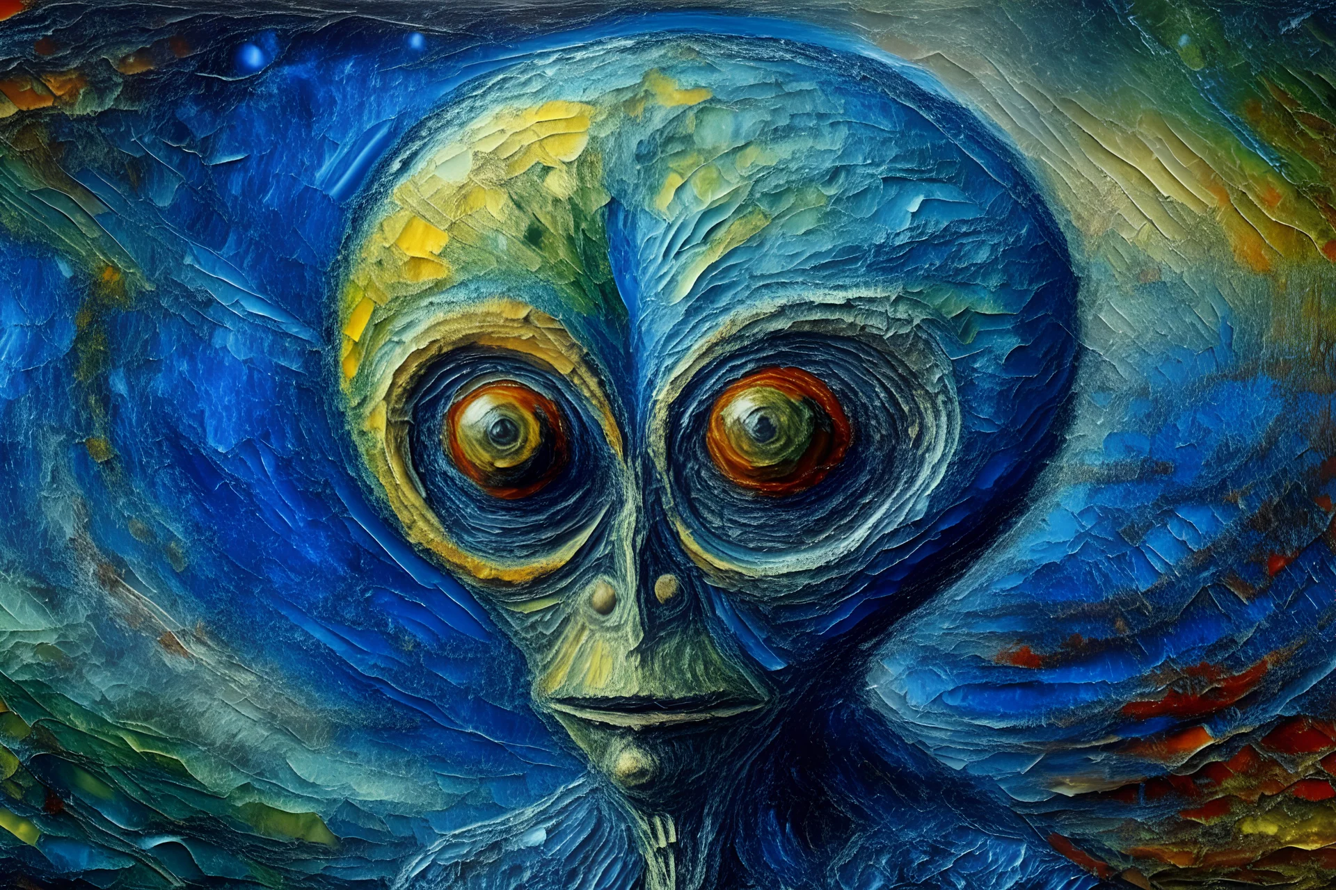 texture of the brushstrokes visible in surface of paint. portrait by Van Gogh of piloting an unidentified flying object (UFO) portrait of a benevolent alien from distant planet in deep outer space otherworldly intergalactic