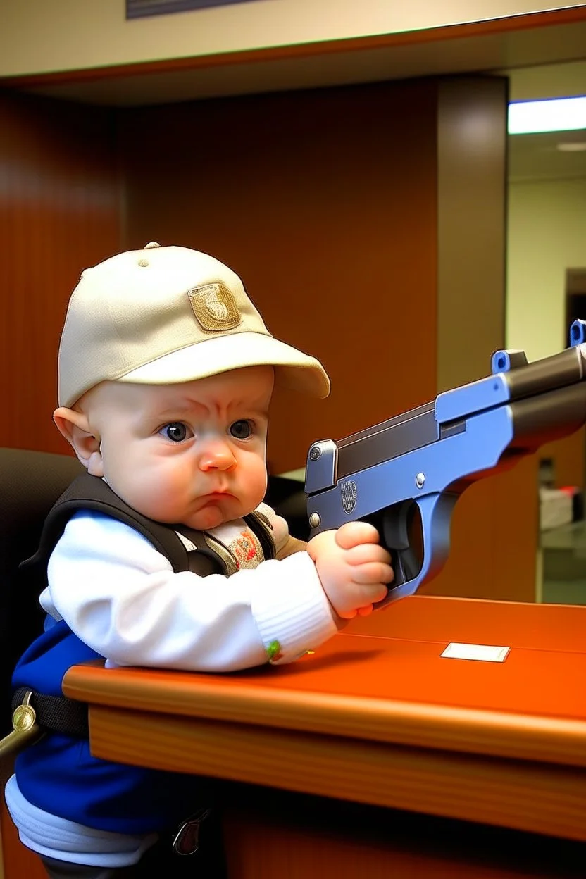 Picture of baby robbing a bank with a toy gun.