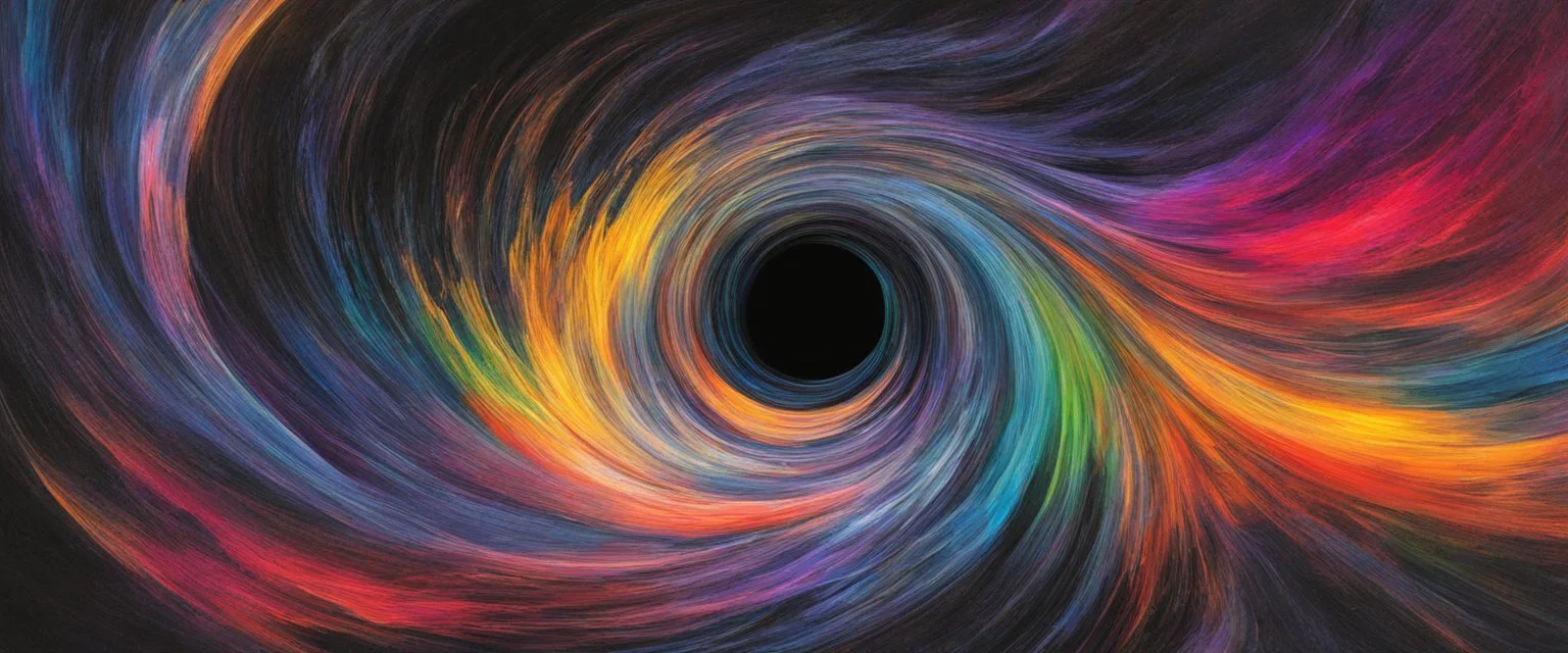 colorful, rainbow, A visually striking and abstract representation of the void and a black hole, utilizing dark hues and dynamic shapes to evoke the enigmatic and powerful aspects of cosmic emptiness, (visually striking abstract representation:1.4), (the void and black hole:1.5), (dark hues and dynamic shapes:1.3), (expressive and cosmic ambiance:1.2), drawing inspiration from abstract interpretations of the cosmic void and black hole phenomena