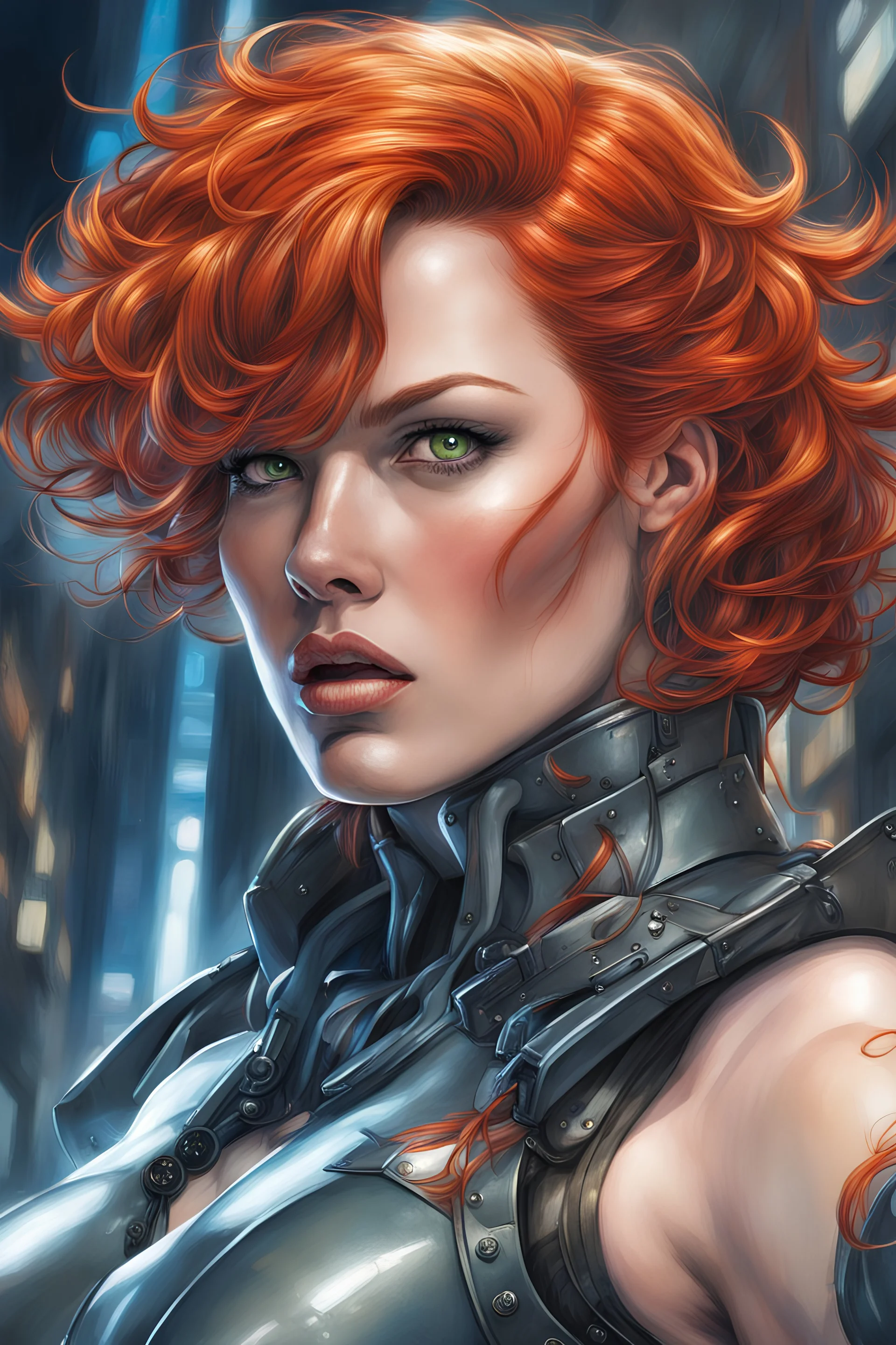 An illustration fotorealist of a fierce character with fiery hair, in the style of Masamune Shirow,Mezcla entre la actriz Christina Hendricks y Cristina Ricci ,curvilínia, mucho pecho,esta en forma,muslos, cyberpunk, armadura cyberpunk, mezcla de Evangelion y Ghost in the shell,intense and powerful, photo-enhanced, cyberpunk genre, fiery red, chica muy bella, pecas en la cara, pelo largo y ondulado, sensual, armada, photo, 3d render, illustration, cinematic, dark fantasy