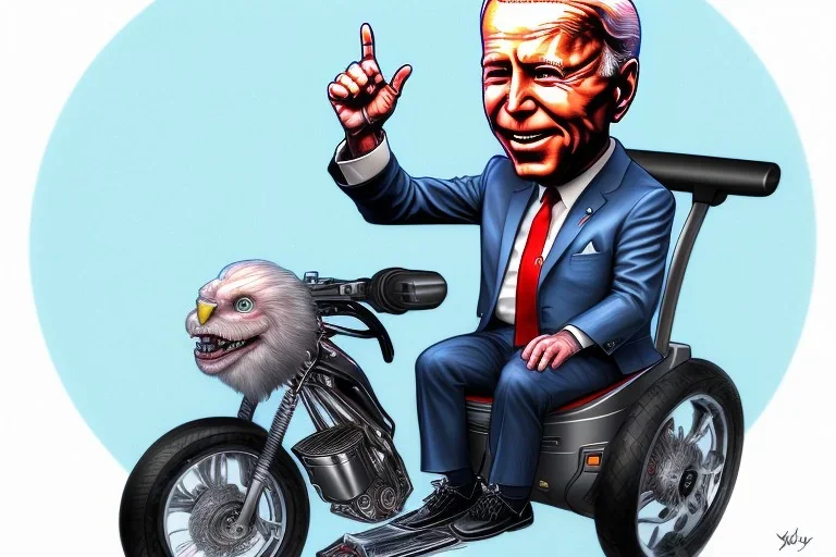 true-to-life pencil and color marker portrait of realistic joe biden riding a tricycle, with an extra set of carrying wheels and rollcage for safety, by kim jung gi