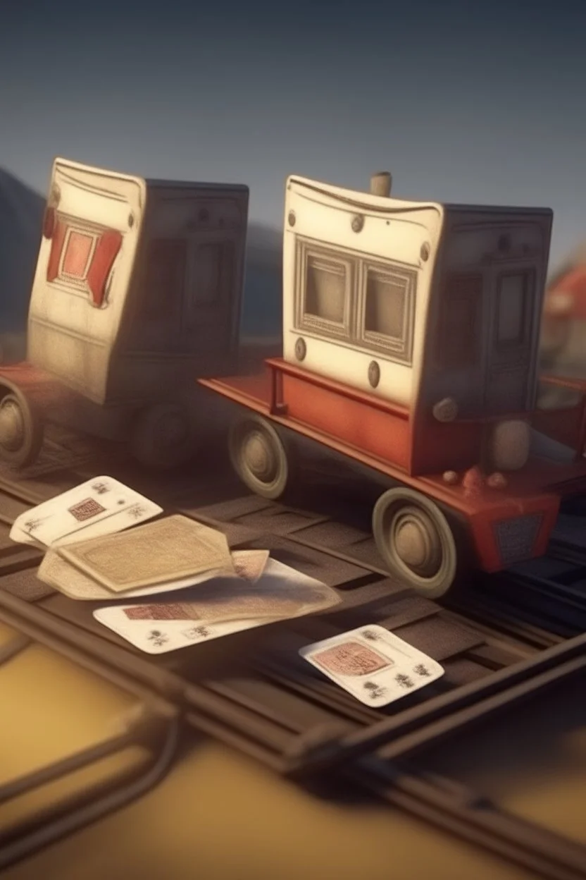 card game mockup. represents a train and a circus, wasteland theme. 3d render