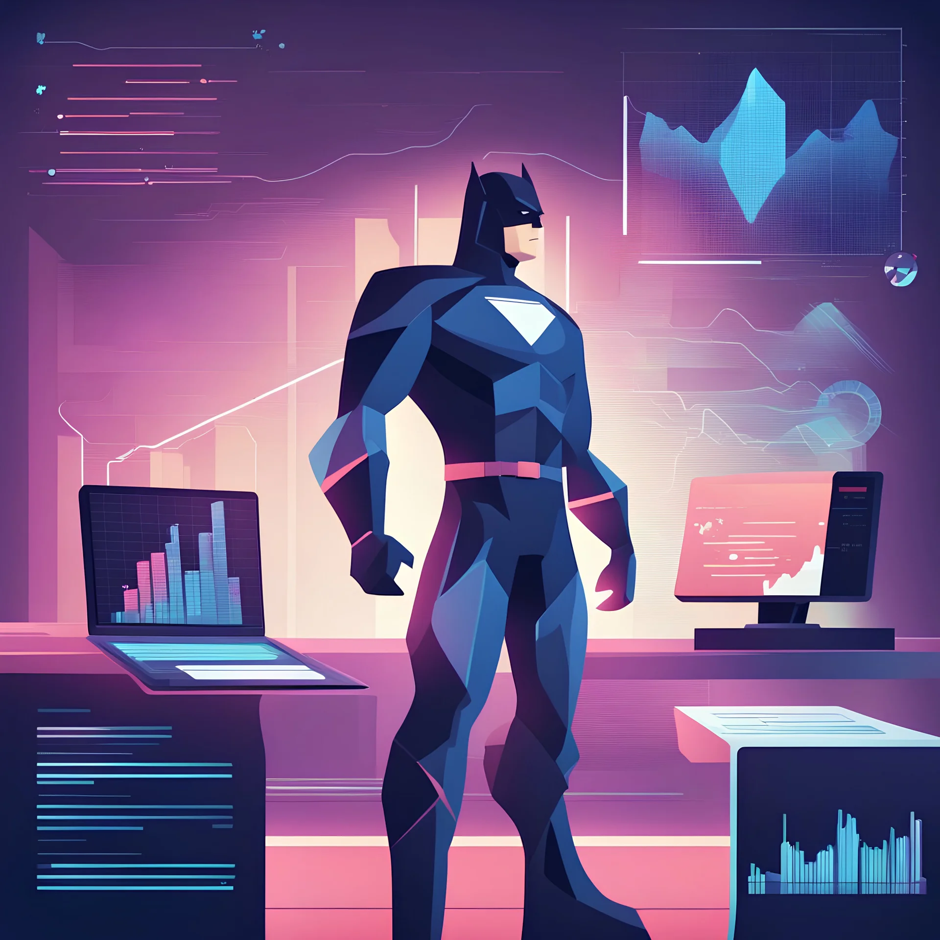 Design a superhero analyzing floating holographic data, showcasing data analytics and optimization with charts and data screens in a blocky , dark contemporary style
