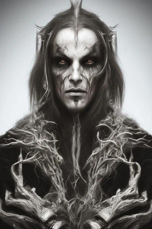 Symmetric portrait of a man with black metal facepaint , looking like Nergal from Behemoth and spitting blood