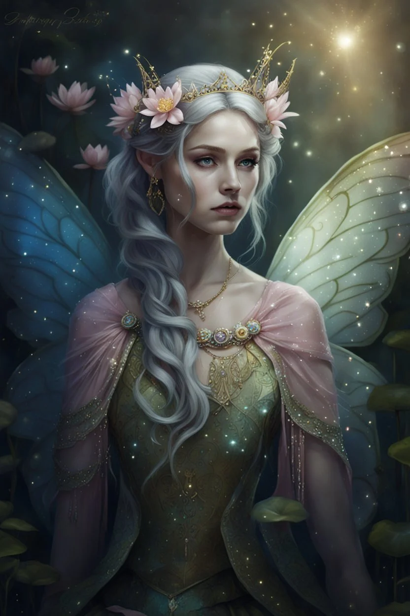 Pink dress,Sparkling fairy wings,Very long golden hair,Fairy crown,pointed ears,elven ears,fairy wings,water lilies,sparkling,glittering,flowers,blossoms,golden crown,light pink dress