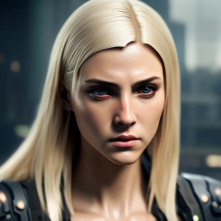 Photorealistic headshot of a beautiful fierce blonde assassin cyberpunk dynamic pose