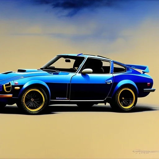 hyperrealism Drawing of 'Dark Blue Datsun 240Z-280Z' three quarter frontal aerial view, by gaston bussiere, greg rutkowski, yoji shinkawa, yoshitaka amano, tsutomu nihei, donato giancola, tim hildebrandt,oil on canvas, cinematic composition,Sharp detail,extreme detail,fit full head inside picture,16k