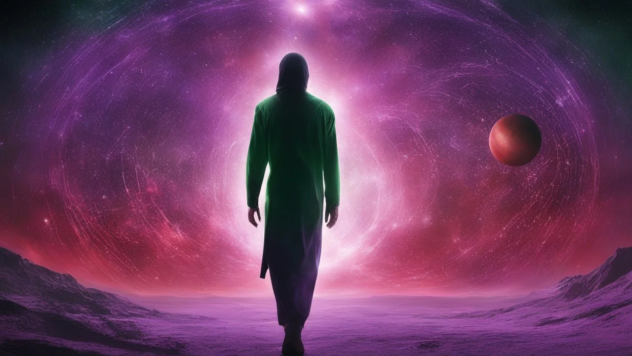 matrix universe, space, planets, god creation walking on light, purple, dark green and red