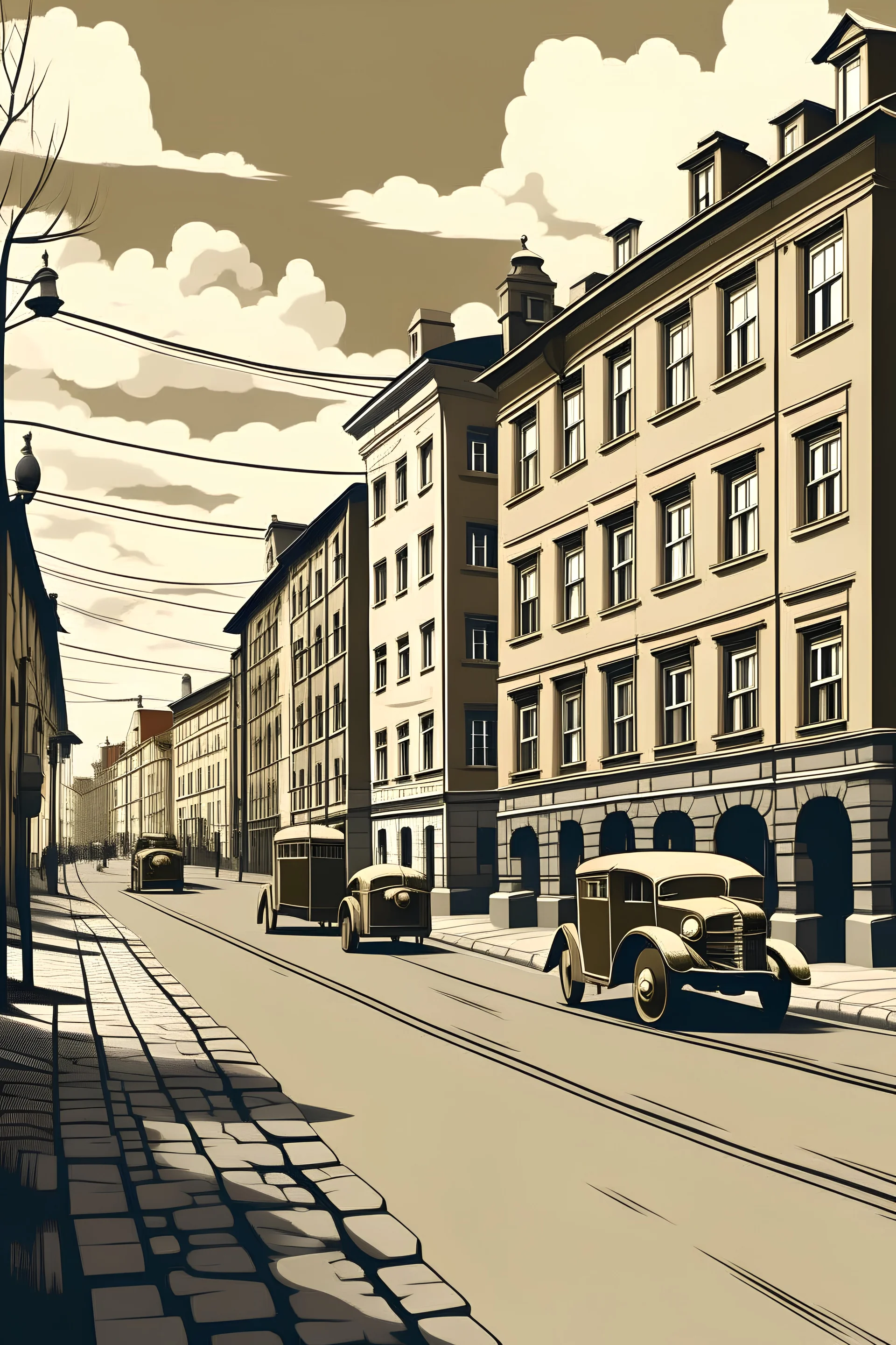 Russian street in 1945 in vector style illustration