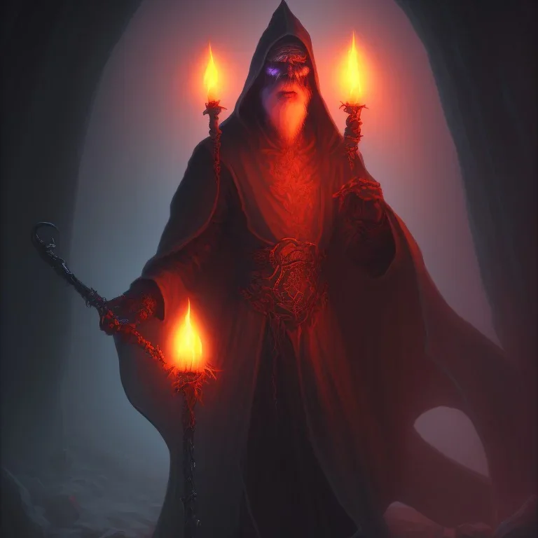 Evil Old human Necromancer in dark robes in a dark cave covered in darkness