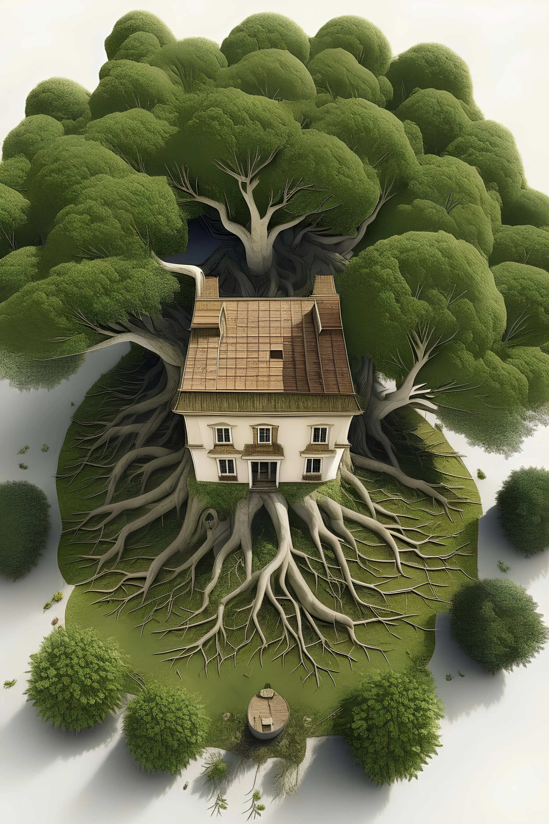 a giant rooted tree with a house on the crown birds view