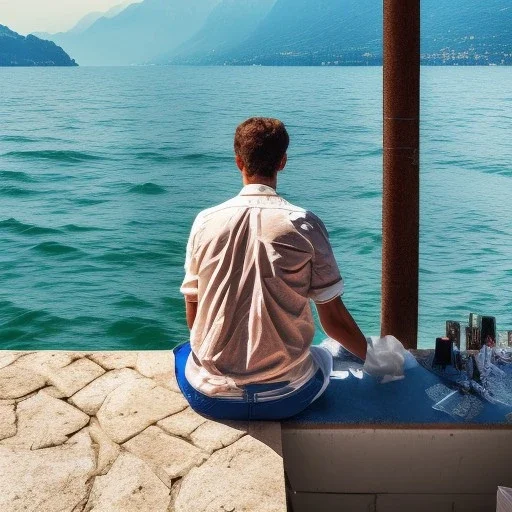 Man from behind is watching on tbe Lake Garda in Italy