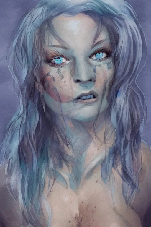 portrait, watercolour, realistic, illustration, dnd, fantasy, dwarf, ghost, ethereal, blue skin, glowy skin, see-through