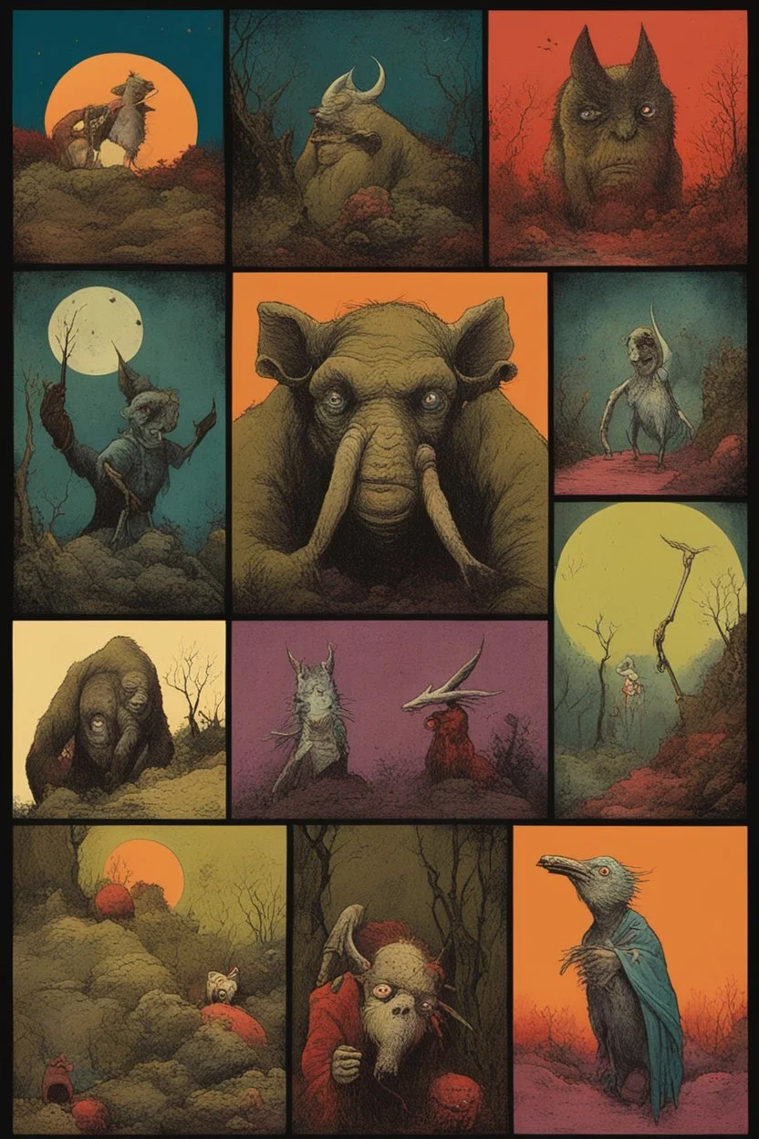 scary cartoon-style illustrations of fantasy creatures, They capture the aesthetics of old animated films, but with a touch of horror and mystery, inspired by Bill Sienkiewicz, davidlozeau, Nicolas bruno and max Ernst , ink and acrylic on canvas, scary but fun and whimsical, album cover art, comic illustration art, humorous and ominous, rich colours, quirky and whimsical and wonderfully bizarre art