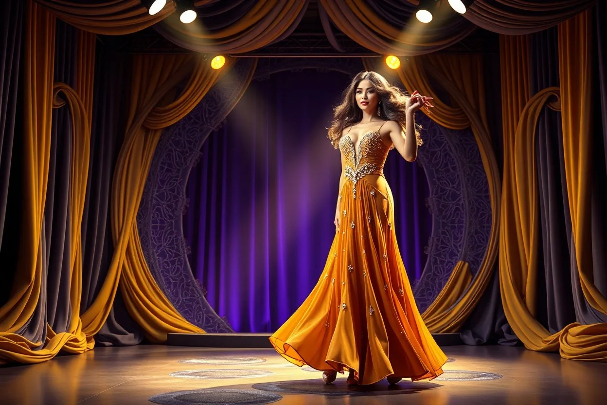 modern stage with gray-dark yellow blueish violet theme artistic decoration , color full dynamic lighting, a beautiful lady in maxi dress with shining silver jewels ,curvy long hair,dancing, 3D recursive fractal structure animating background