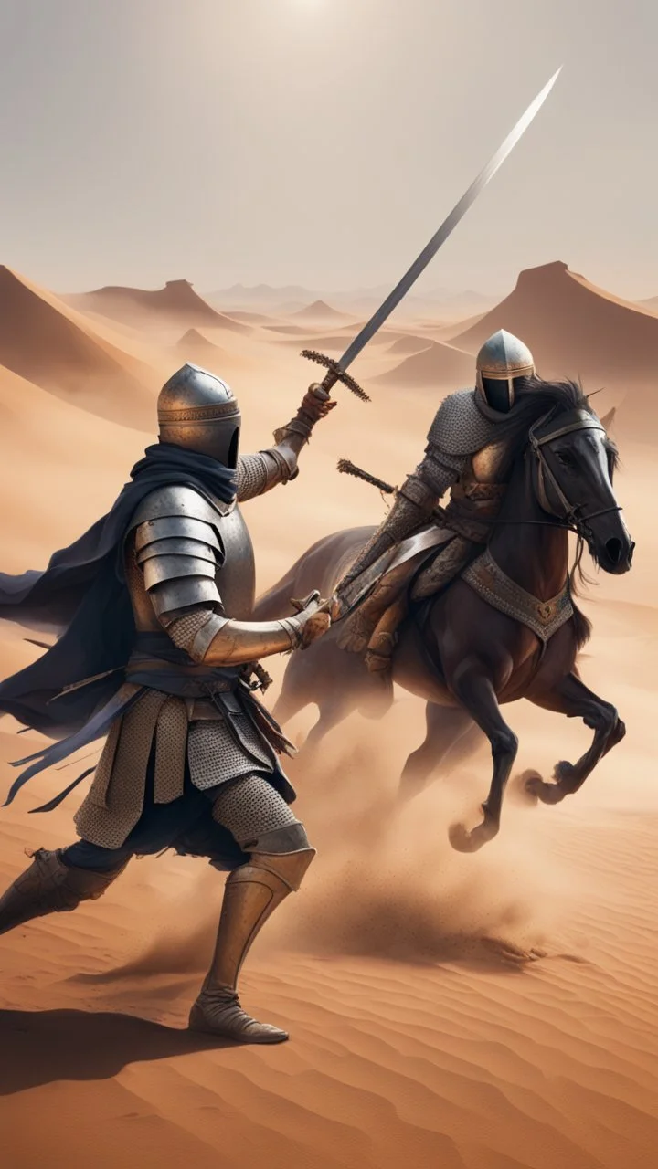 A picture of a Muslim knight killing another knight with a sword, in the desert, and behind them the knights are fighting